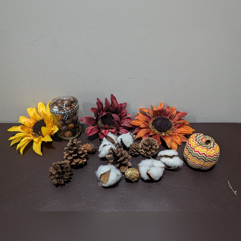 Fall decor Autumn filler acorns pinecones cotton sunflower glitter plaid mason